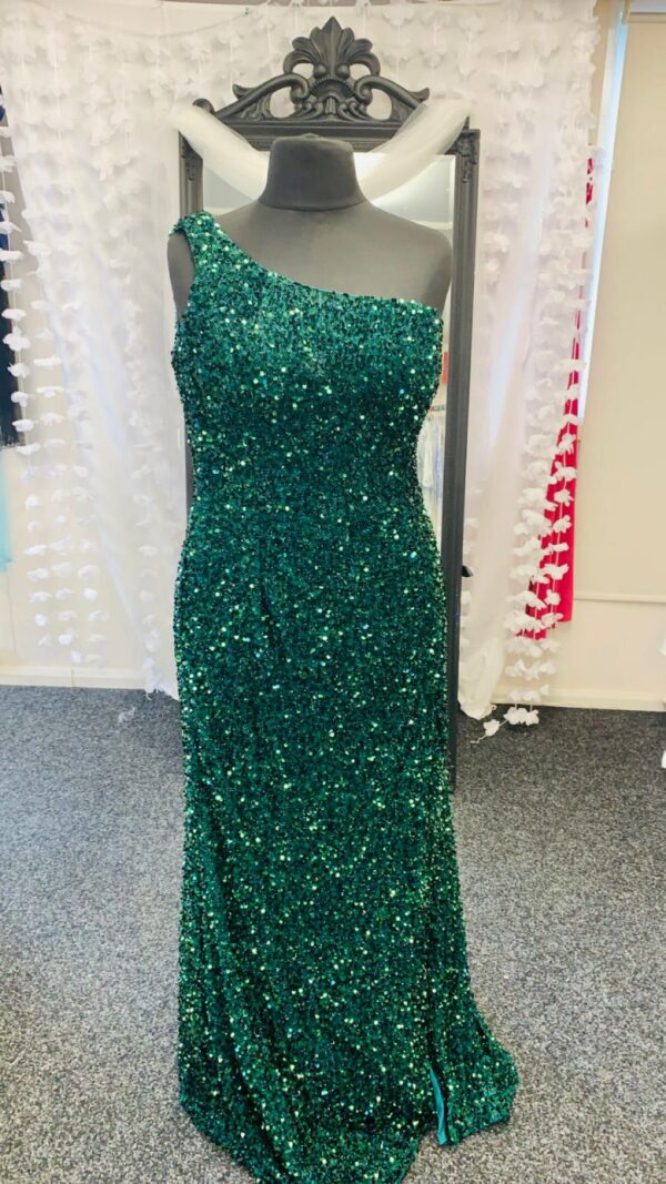 Prom Frocks dress gown in a sequined forest green